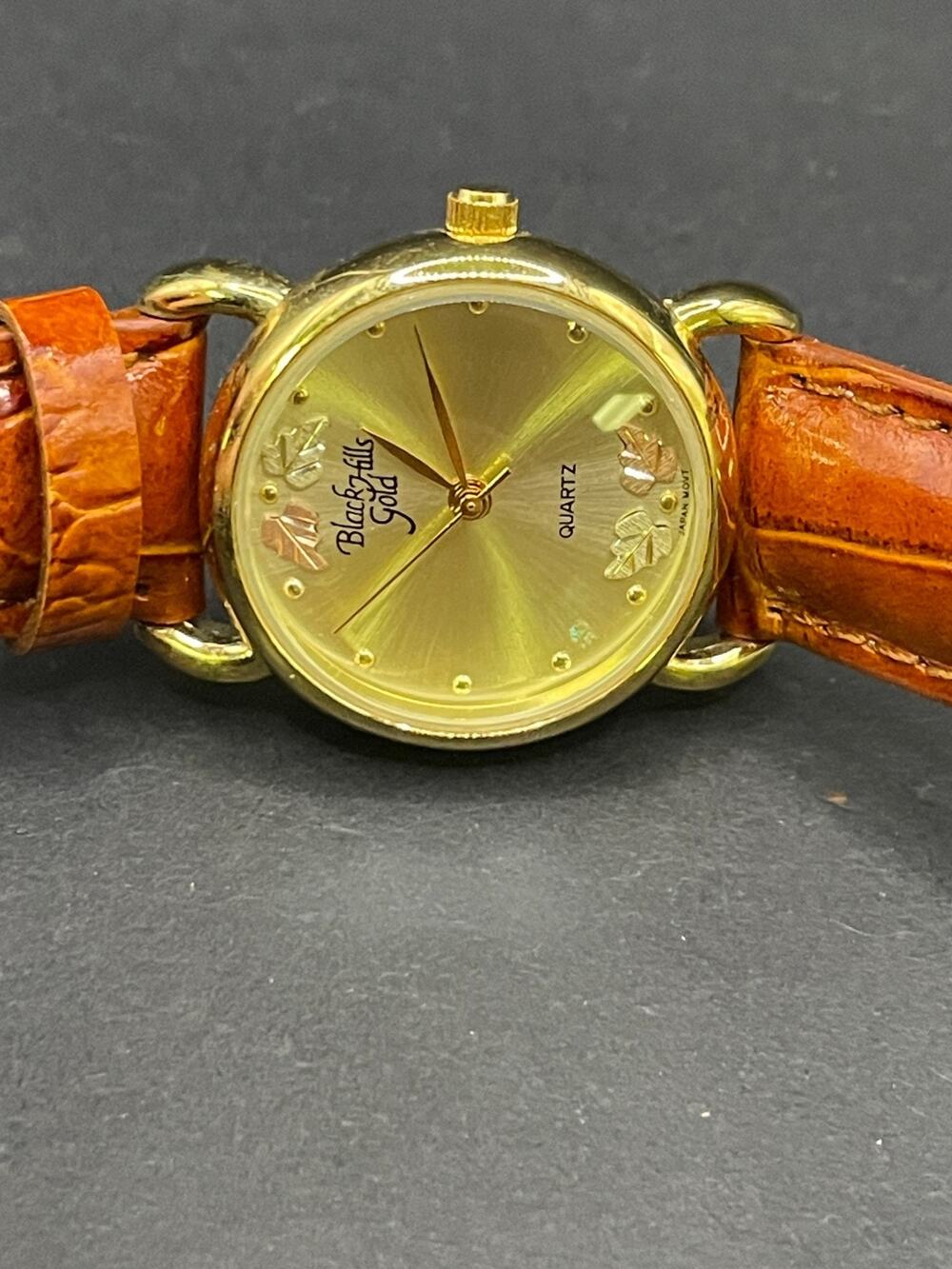 Black Hills Gold 12k Gold Leaves Wrist Watch 1.07" Brown Genuine Leather Band